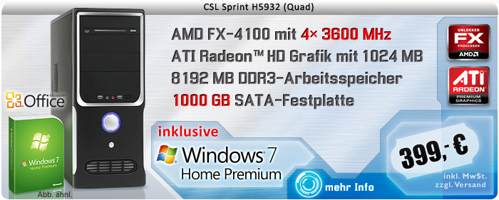 QuadCore! PC-System mit AMD FX-Series FX-4100 4x 3600 MHz, 1000GB SATA, 8192MB DDR3, Radeon HD 3000, DVD-RW, 7.1 Sound, GigLAN, Windows 7 Home Premium, Office 2010