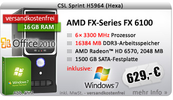 SixCore! PC-System mit AMD FX-Series FX-6100 6x 3300 MHz, 1500GB SATA, 16384MB DDR3, Radeon HD 6570 2048MB, DVD-RW, CardReader, 7.1 Sound, GigLAN, USB 3.0, Windows 7 Home Premium, Office 2010