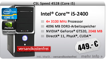 QuadCore! PC-System mit Intel Core i5-2400 4x 3100 MHz, 500GB SATA, 4096MB DDR3, GeForce GT 520 2048MB, DVD-RW, 7.1 Sound, GigLAN