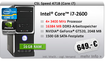 QuadCore! PC-System mit Intel Core i7-2600 4x 3400 MHz, 1500GB SATA, 16384MB DDR3, GeForce GT 520 2048MB, DVD-RW, CardReader, 7.1 Sound, GigLAN, USB 3.0