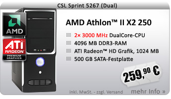 DualCore! PC-System mit AMD Athlon II X2 250 2x 3000 MHz, 500GB SATA, 4096MB DDR3, Radeon HD 3000, DVD-RW, 7.1 Sound, GigLAN
