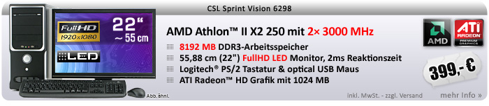 DualCore! PC-System mit AMD Athlon II X2 250 2x 3000 MHz, 500GB SATA, 8192MB DDR3, Radeon HD 3000, DVD-RW, 7.1 Sound, GigLAN, 54 cm (22") TFT LED 2ms, Logitech Tastatur und Maus