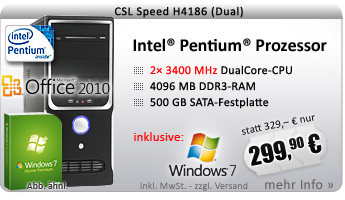DualCore! PC-System mit Intel Pentium D 945 2x 3400 MHz, 500GB SATA, 4096MB DDR3, Intel GMA X4500, DVD-RW, 7.1 Sound, GigLAN, Windows 7 Home Premium, Office 2010