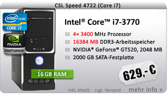 QuadCore! PC-System mit Intel Core i7-3770 4x 3400 MHz, 2000GB SATA, 16384MB DDR3, GeForce GT 520 2048MB, DVD-RW, CardReader, 7.1 Sound, GigLAN, USB 3.0