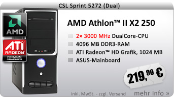 DualCore! PC-System mit AMD Athlon II X2 250 2x 3000 MHz, 250GB SATA, 4096MB DDR3, Radeon HD 3000, DVD-RW, 7.1 Sound, GigLAN